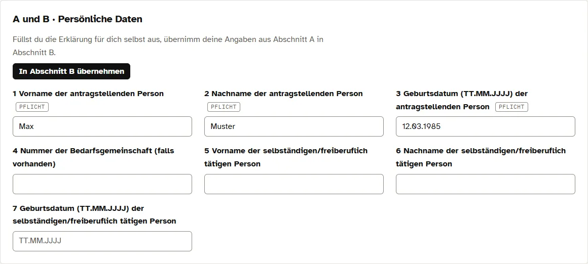 Abschnitt mit den persönlichen Daten der antragstellenden Person