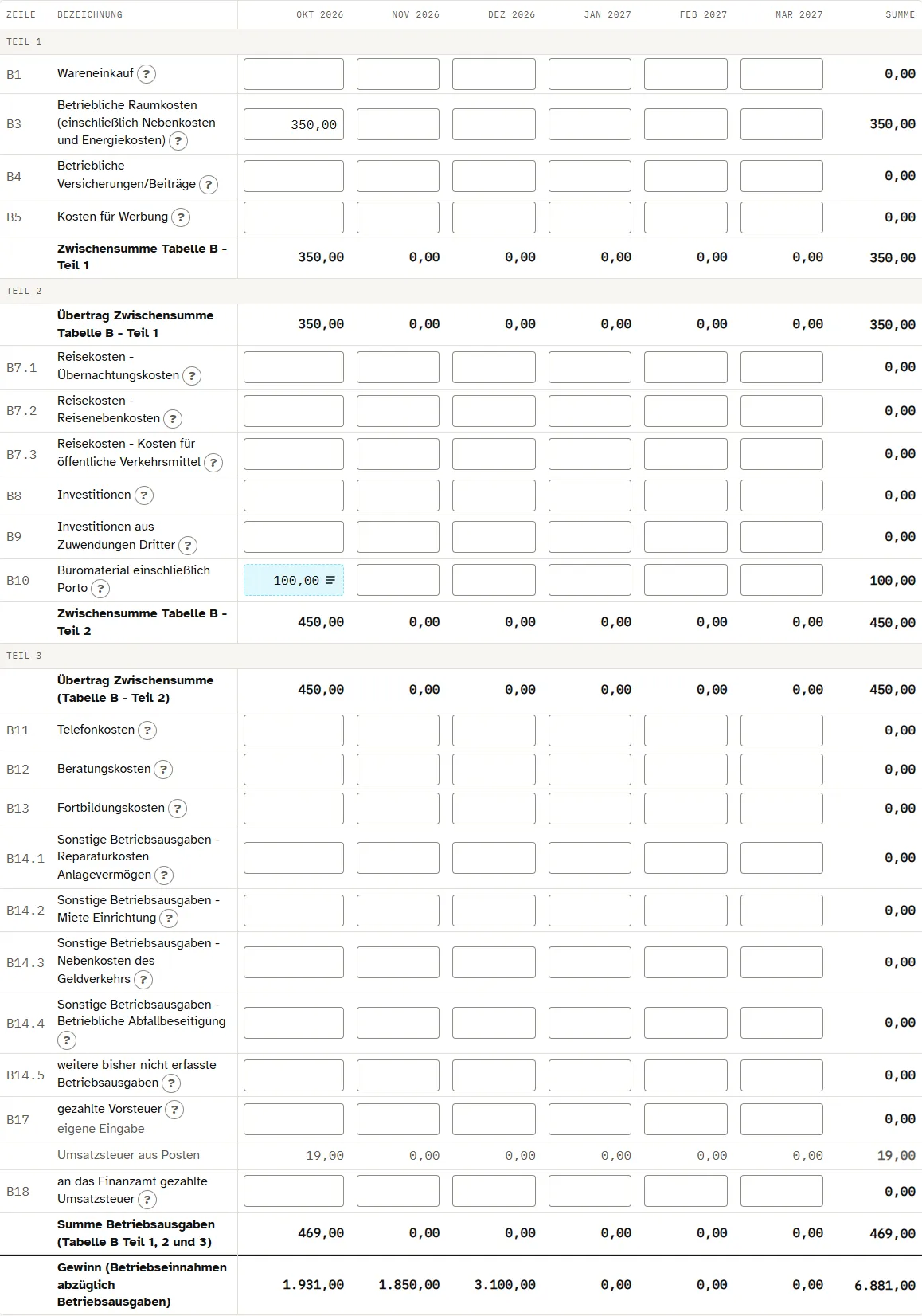 Tabelle B mit Betriebsausgaben, darunter die Umsatzsteuer aus den Einzelposten in B17