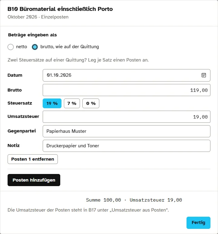 Blatt mit einem Einzelposten über 119,00 Euro brutto, Steuersatz 19 Prozent und berechneter Umsatzsteuer