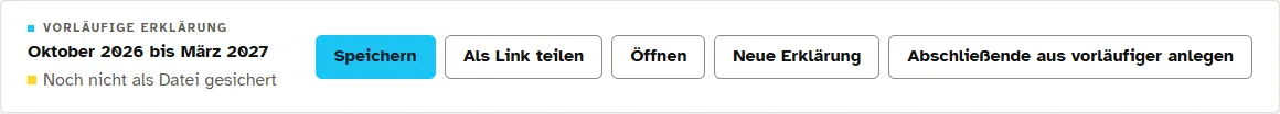 Entwurfsleiste mit den Knöpfen Speichern, Als Link teilen, Öffnen und Neue Erklärung